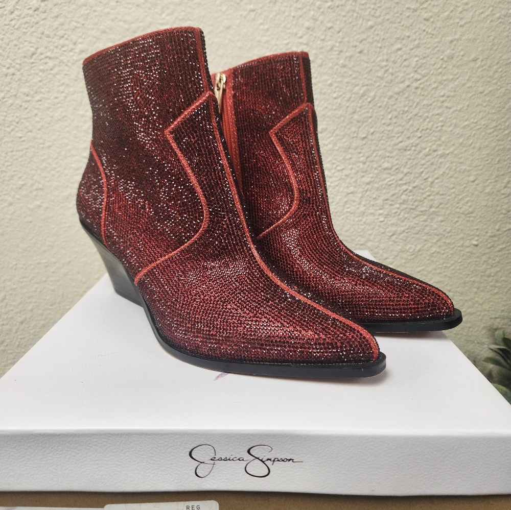 Jessica Simpson Zaylor Intense Red Glitter Gabor Rhinestone Booties 9 wide